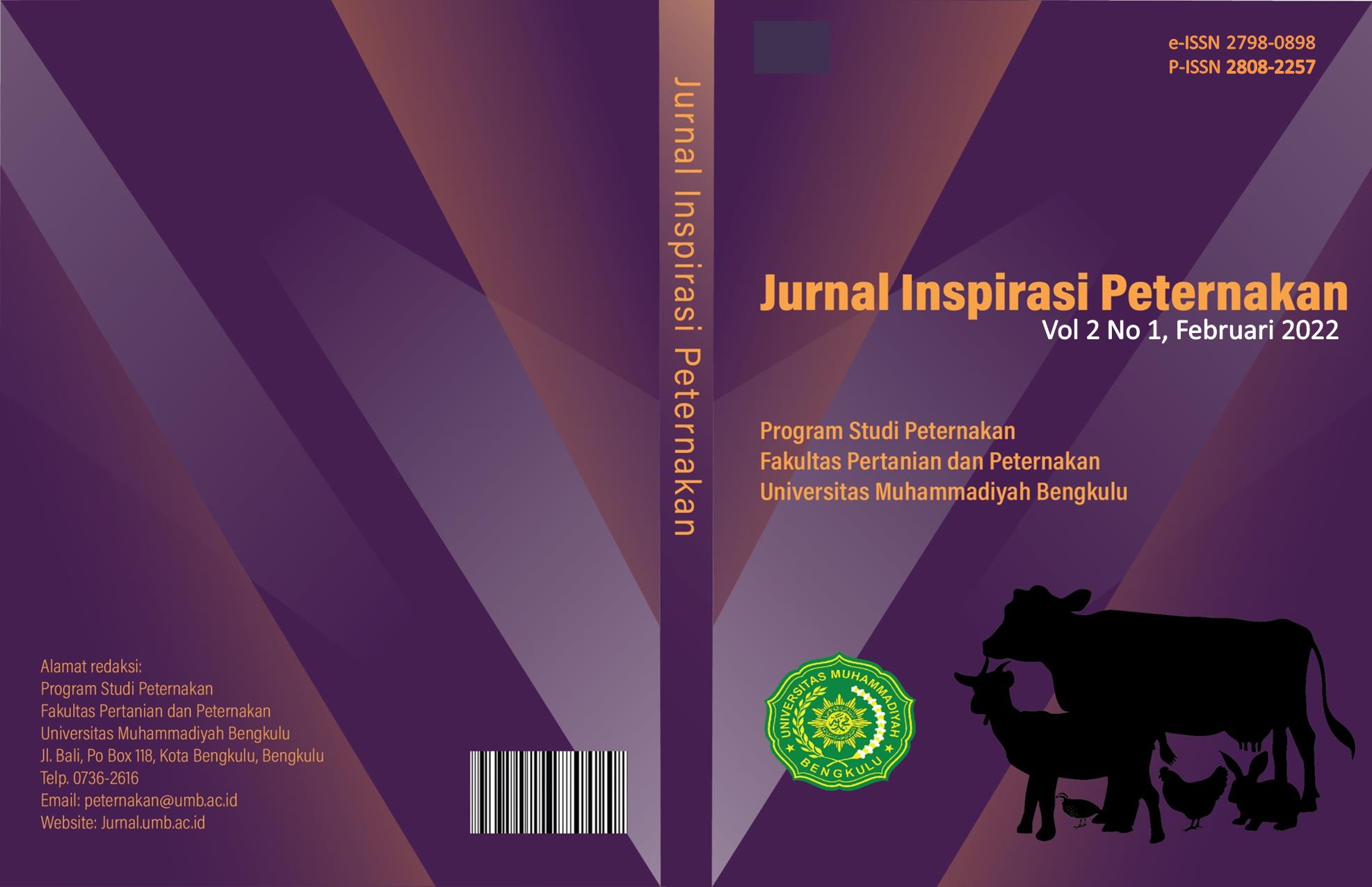 Jurnal Inspirasi Peternakan adalah jurnal ilmiah yang diterbitkan oleh Fakultas Pertanian dan Peternakan Universitas Muhammadiyah Bengkulu. Jurnal Inspirasi Peternakan menerima artikel berbasis penelitian dan konseptual di bidang Animal Science ; produksi ternak, nutrisi ternak, reproduksi dan genetik ternak, pakan ternak dan teknologi, hijauan, teknologi pasca panen dan sosial dan ekonomi peternakan yang belum pernah dipublikasikan sebelumnya. Artikel ilmiah diterbitkan berdasarkan peer-review double blind . berupa artikel hasil penelitian, artikel telaah pustaka, kasus lapangan dan gagasan asli. Jurnal ini terbit tiga kali dalam satu tahun, yaitu pada bulan Februari, Juni dan Oktober.